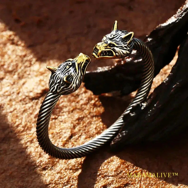 Classic Animal Viking Double Wolf Head Adjustable 316L Stainless Steel Men's Bracelet Fashion Double Snake Heads Jewelry