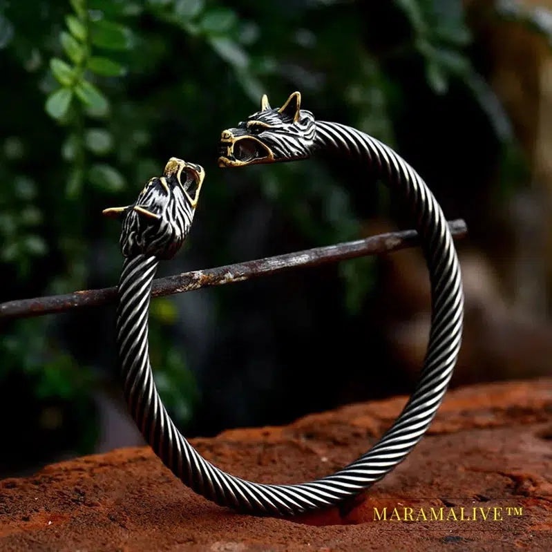 Classic Animal Viking Double Wolf Head Adjustable 316L Stainless Steel Men's Bracelet Fashion Double Snake Heads Jewelry