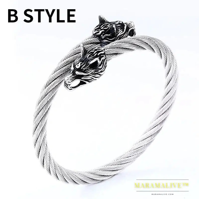 Classic Animal Viking Double Wolf Head Adjustable 316L Stainless Steel Men's Bracelet Fashion Double Snake Heads Jewelry