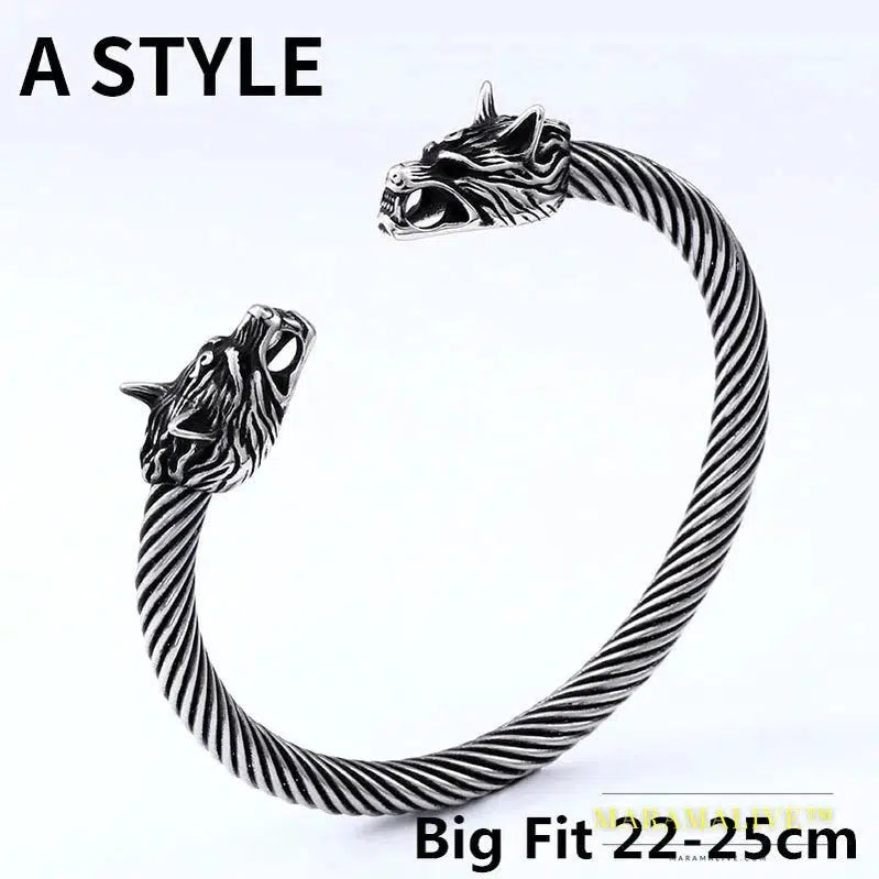 Classic Animal Viking Double Wolf Head Adjustable 316L Stainless Steel Men's Bracelet Fashion Double Snake Heads Jewelry