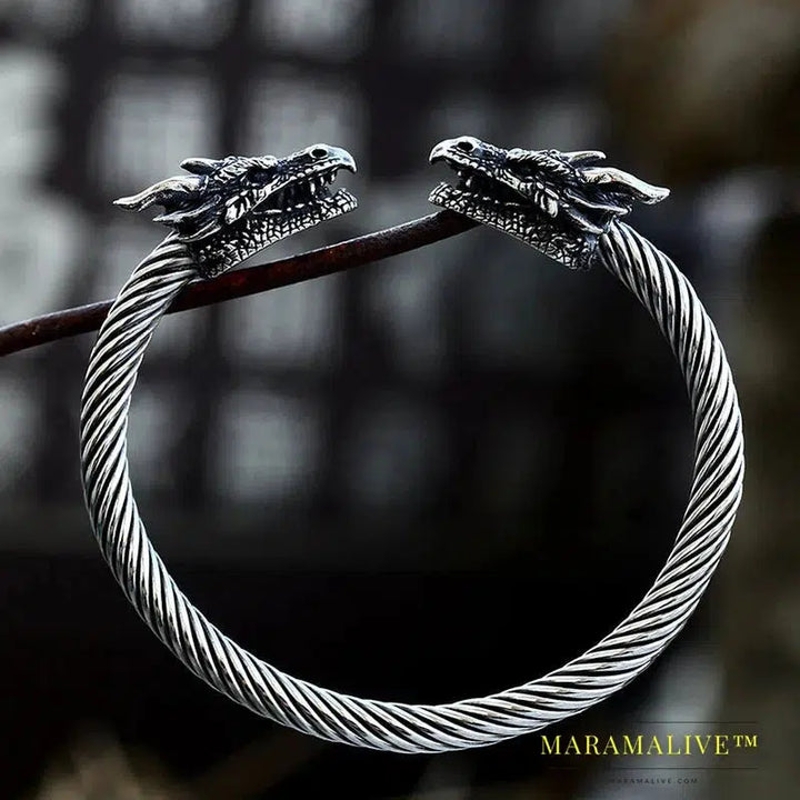 Classic Animal Viking Double Wolf Head Adjustable 316L Stainless Steel Men's Bracelet Fashion Double Snake Heads Jewelry