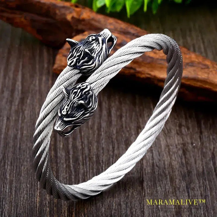 Classic Animal Viking Double Wolf Head Adjustable 316L Stainless Steel Men's Bracelet Fashion Double Snake Heads Jewelry