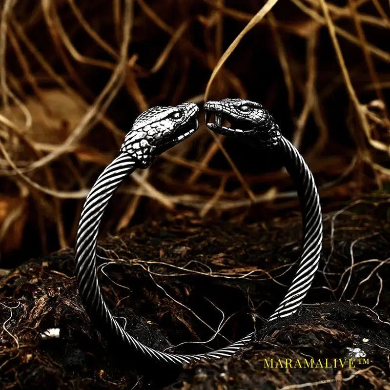 Classic Animal Viking Double Wolf Head Adjustable 316L Stainless Steel Men's Bracelet Fashion Double Snake Heads Jewelry