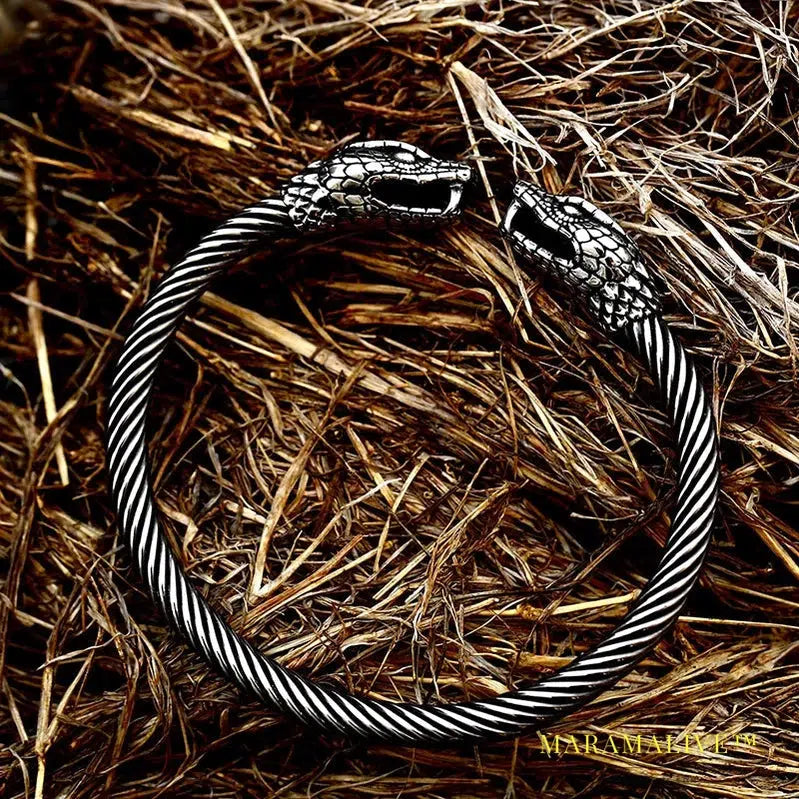 Classic Animal Viking Double Wolf Head Adjustable 316L Stainless Steel Men's Bracelet Fashion Double Snake Heads Jewelry