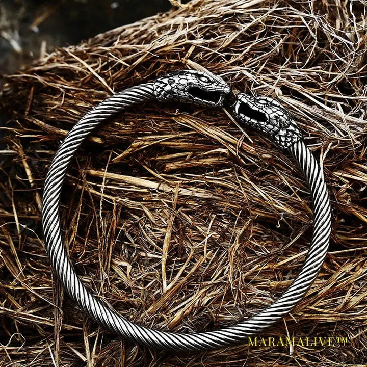 Classic Animal Viking Double Wolf Head Adjustable 316L Stainless Steel Men's Bracelet Fashion Double Snake Heads Jewelry