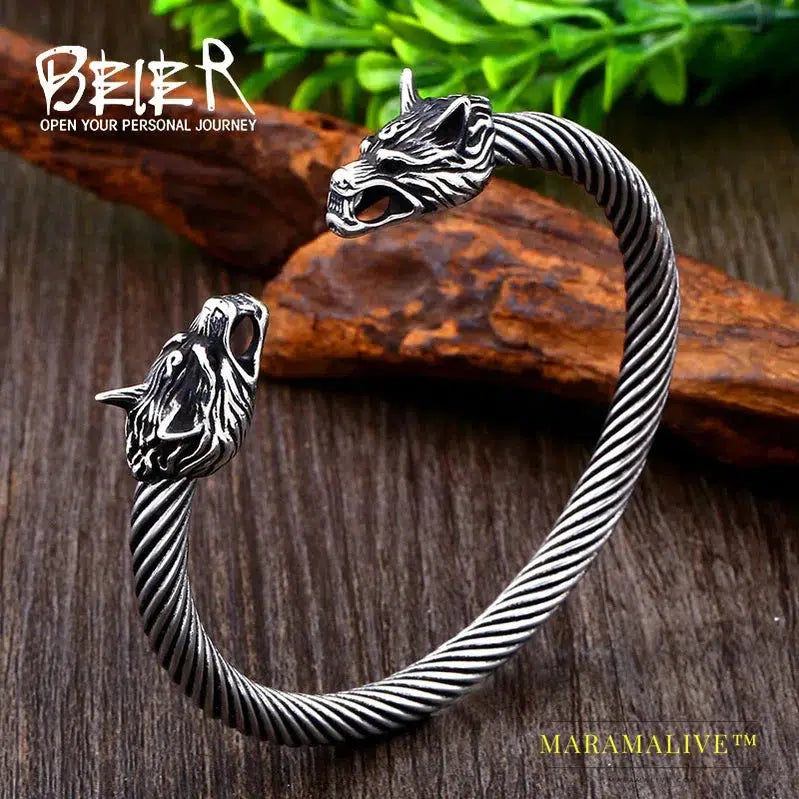 Classic Animal Viking Double Wolf Head Adjustable 316L Stainless Steel Men's Bracelet Fashion Double Snake Heads Jewelry