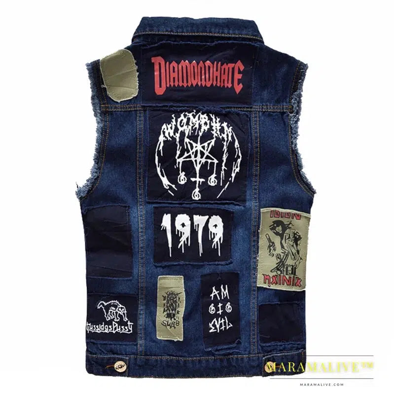 Classic Vintage Men's Jeans Vest Sleeveless Jackets Fashion Patch Designs Punk Rock Style Ripped Cowboy Frayed Denim Vest Tanks