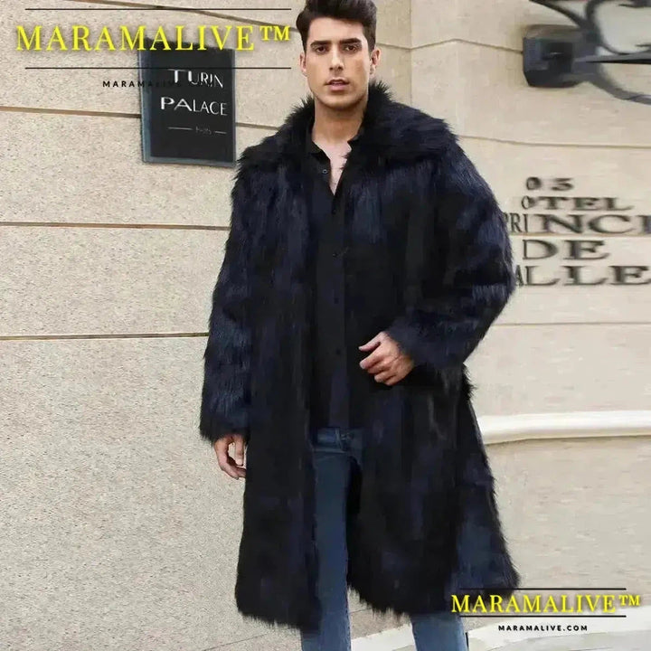 Coat Men's Warm Faux Fur Loose Autumn Winter Brown Long Coats Turn Down Collar Sleeve Men High Waist Maxi Elegant 2024 Jacket