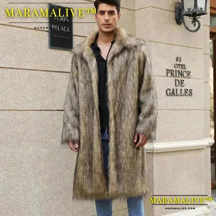 Coat Men's Warm Faux Fur Loose Autumn Winter Brown Long Coats Turn Down Collar Sleeve Men High Waist Maxi Elegant 2024 Jacket