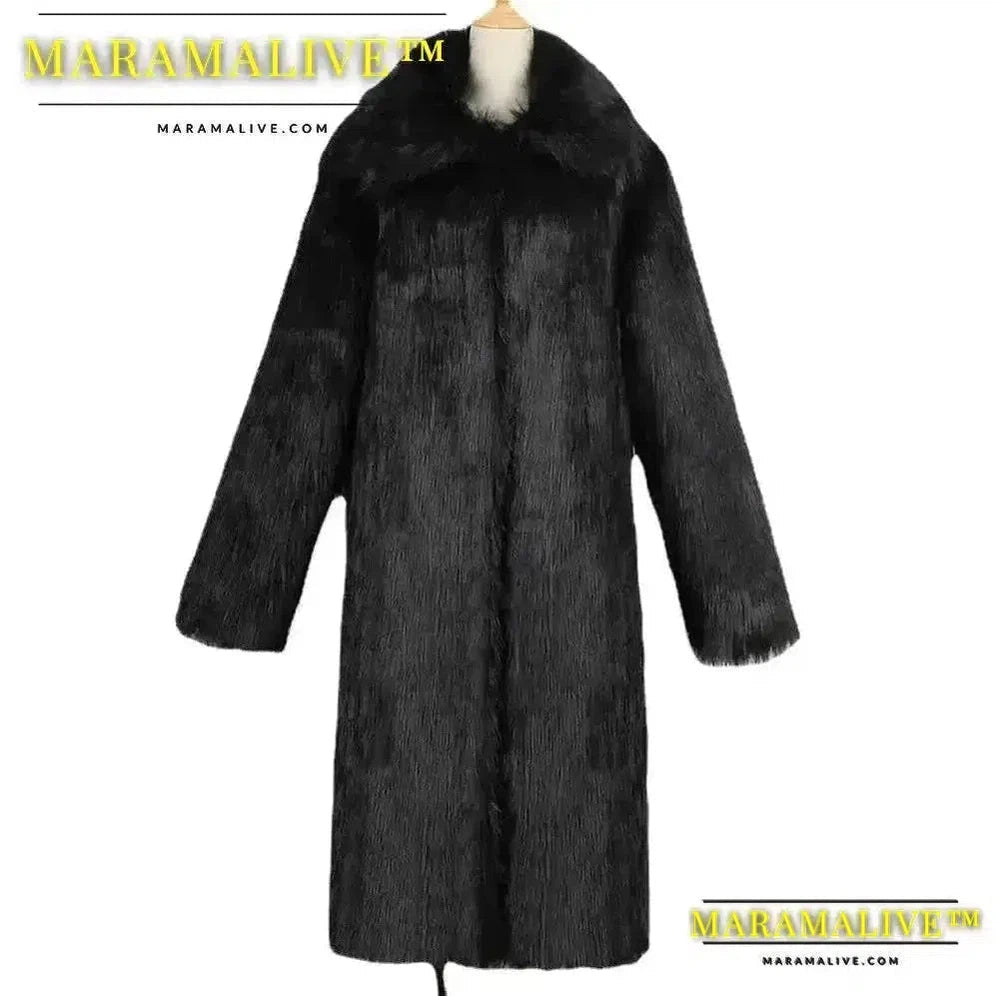 Coat Men's Warm Faux Fur Loose Autumn Winter Brown Long Coats Turn Down Collar Sleeve Men High Waist Maxi Elegant 2024 Jacket