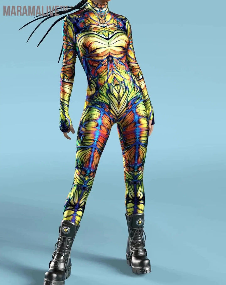 Colorful 3D Printing CyberPunk Rainbow Jumpsuit Halloween Holiday Party Cosplay Costume Elastic Bodysuits Rompers Women Zentai