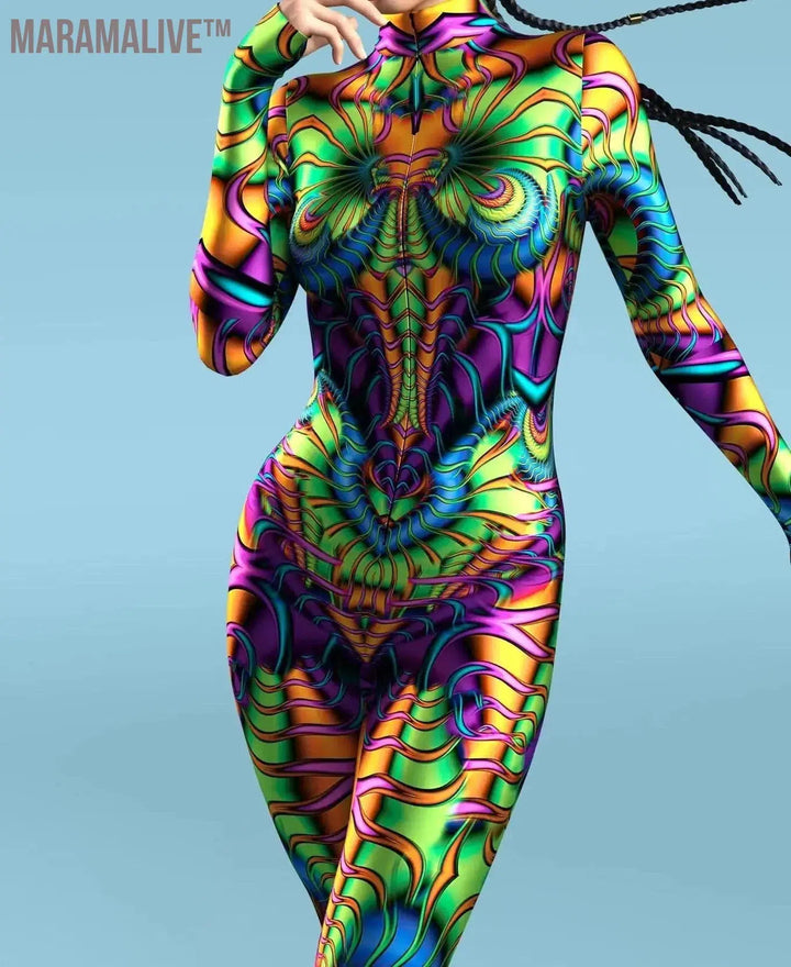 Colorful 3D Printing CyberPunk Rainbow Jumpsuit Halloween Holiday Party Cosplay Costume Elastic Bodysuits Rompers Women Zentai