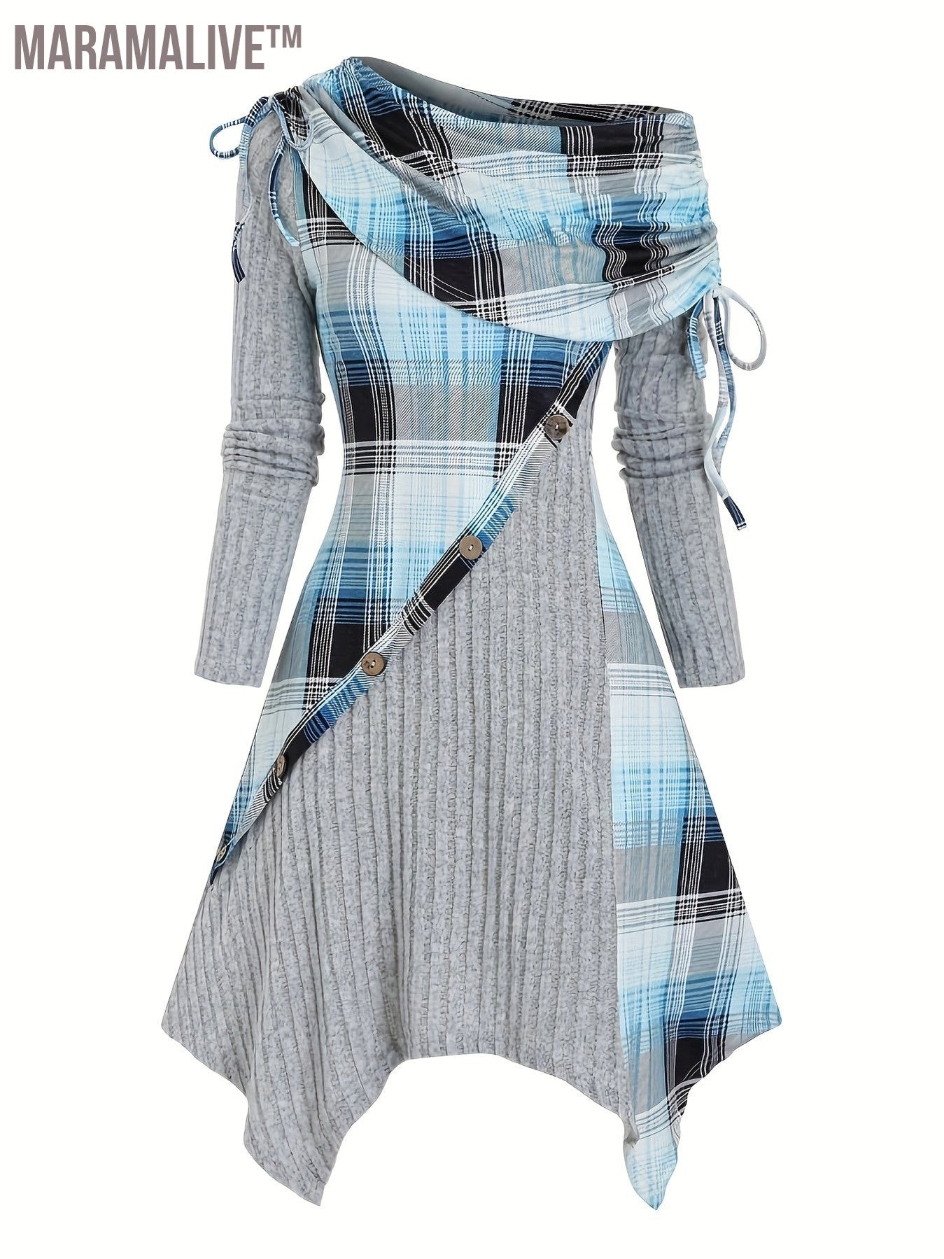 Contrast Plaid Cowl Neck Dress, Vintage Long Sleeve Asymmetrical Dress, Women's Clothing