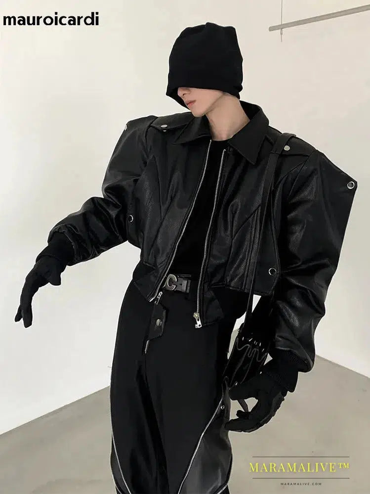 Cool Handsome Short Oversized Black Pu Leather Jacket Men with Shoulder Pads Long Sleeve Zipper 2023