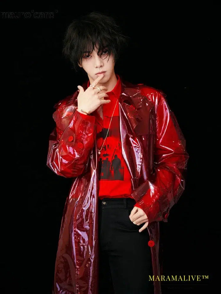 Cool Long Red Transparent Faux Trench Coat Men Double Breasted Luxury Designer Emo Clothes