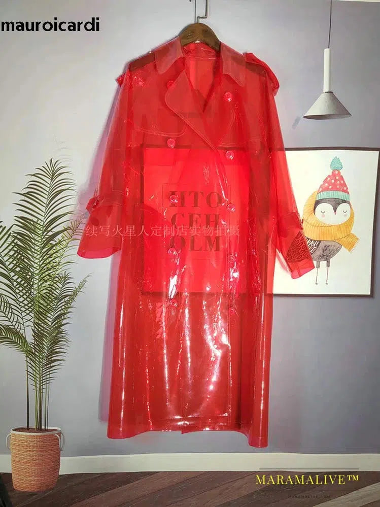 Cool Long Red Transparent Faux Trench Coat Men Double Breasted Luxury Designer Emo Clothes