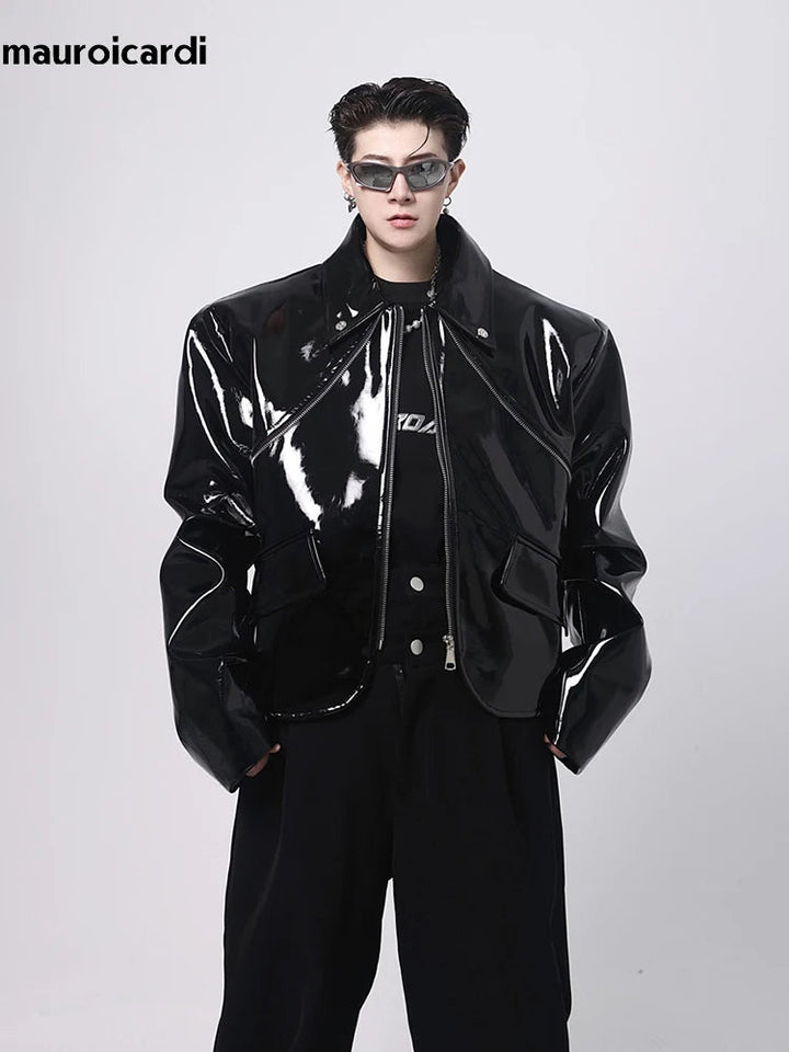 Cool Loose Short Black Shiny Reflective Patent Faux Leather Jacket Men Zipper Luxury Designer Clothes