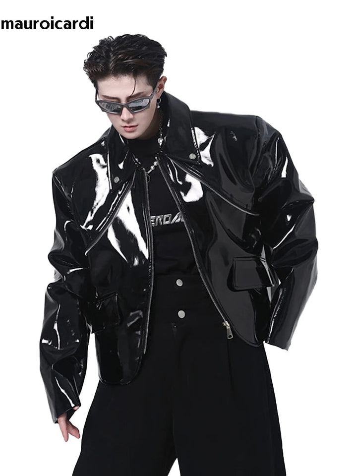 Cool Loose Short Black Shiny Reflective Patent Faux Leather Jacket Men Zipper Luxury Designer Clothes