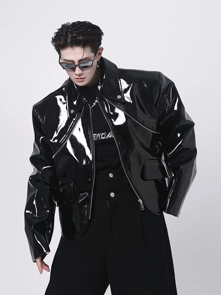 Cool Loose Short Black Shiny Reflective Patent Faux Leather Jacket Men Zipper Luxury Designer Clothes