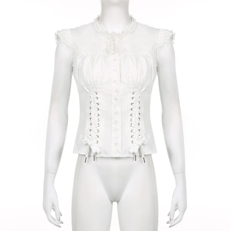 Coquette Aesthetic Single-Breasted Bandage Design Blouse: Sweet Drop Sleeves & Fairycore Style