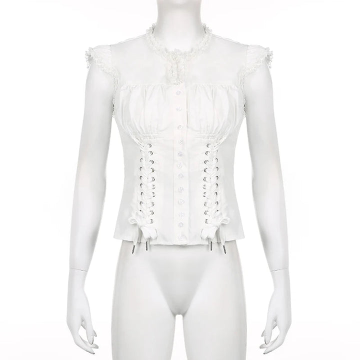 Coquette Aesthetic Single-Breasted Bandage Design Blouse: Sweet Drop Sleeves & Fairycore Style