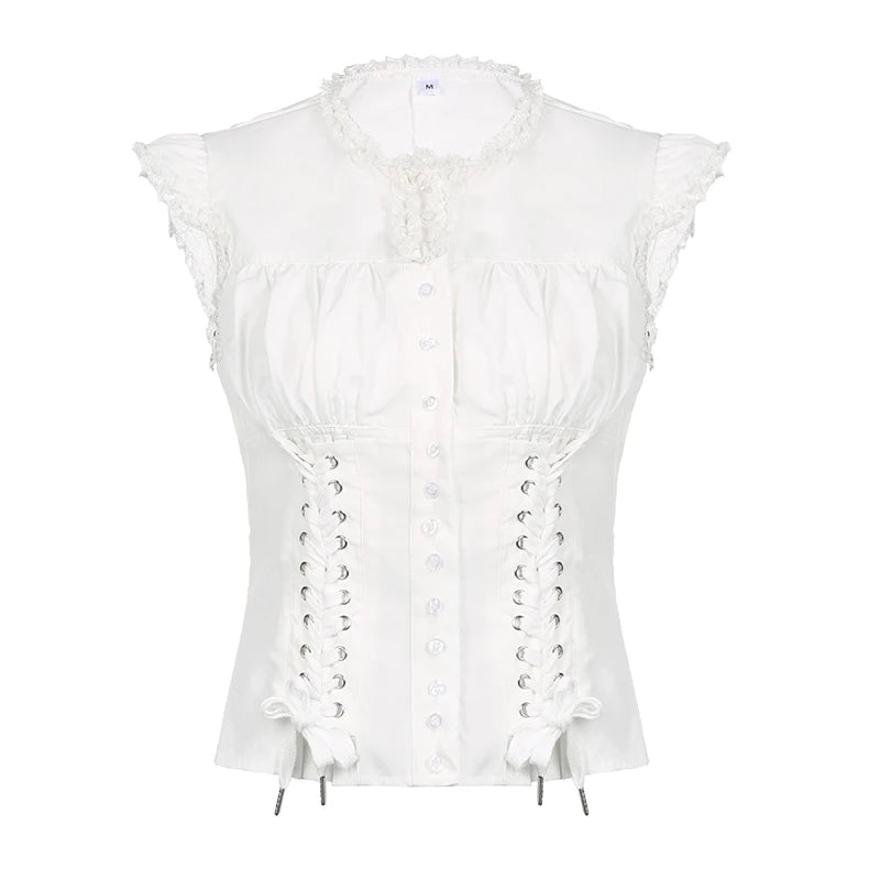 Coquette Aesthetic Single-Breasted Bandage Design Blouse: Sweet Drop Sleeves & Fairycore Style