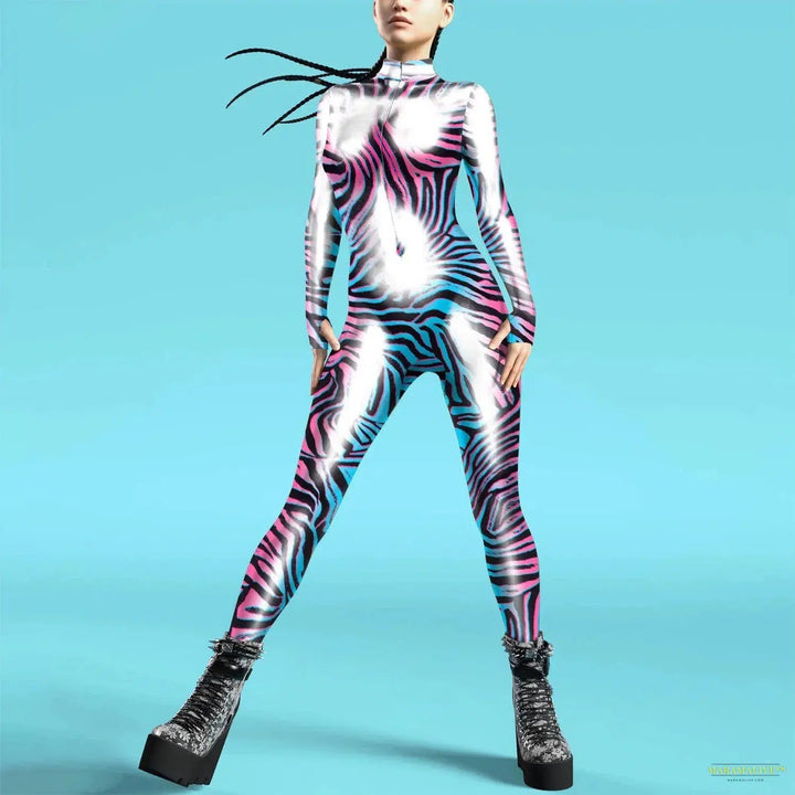 Cosplay Punk Robot Future Technology Women Jumpsuits Colorful Texture Print Bodysuit Costume Halloween Outfit