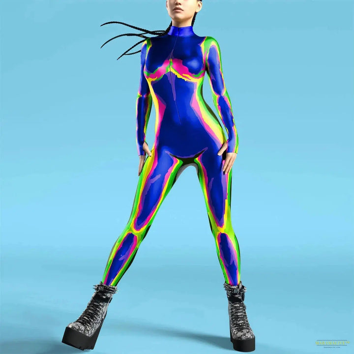 Cosplay Punk Robot Future Technology Women Jumpsuits Colorful Texture Print Bodysuit Costume Halloween Outfit