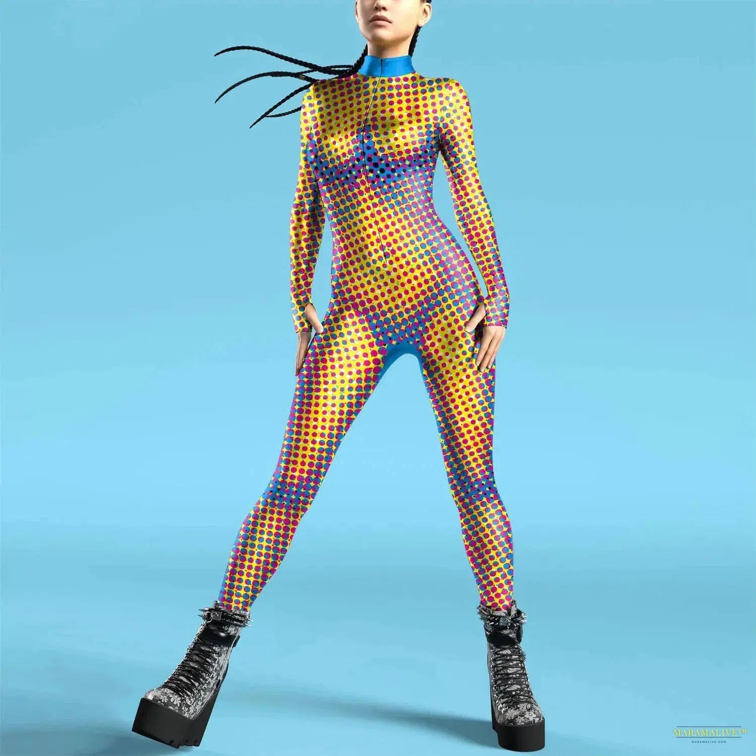 Cosplay Punk Robot Future Technology Women Jumpsuits Colorful Texture Print Bodysuit Costume Halloween Outfit