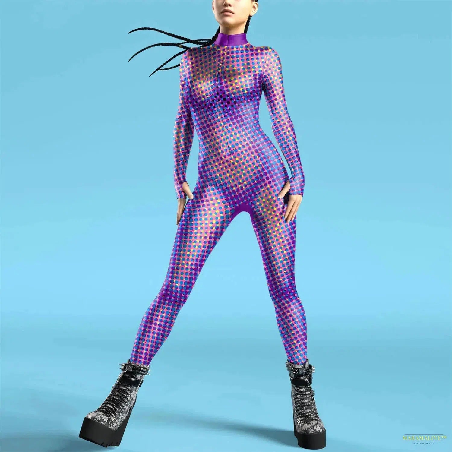 Cosplay Punk Robot Future Technology Women Jumpsuits Colorful Texture Print Bodysuit Costume Halloween Outfit