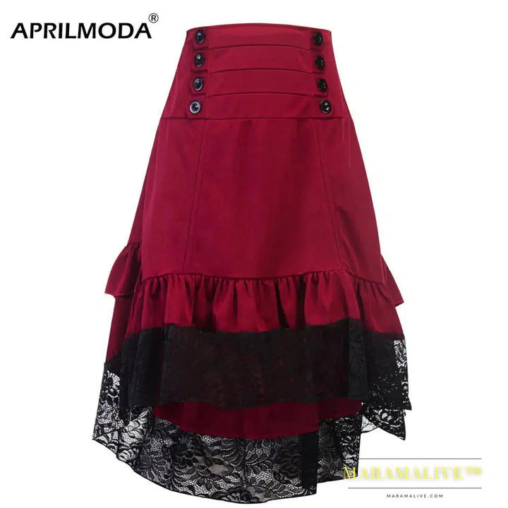 Costumes Steampunk Gothic Skirt Lace Women Clothing High Low Ruffle Party Lolita Red Medieval Victorian Punk Skater Button Front