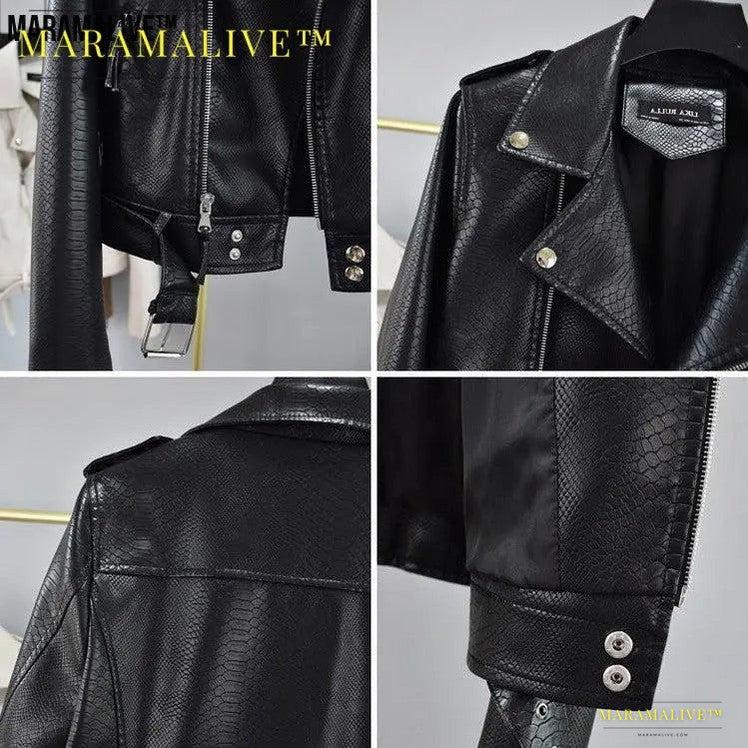 Cropped Hem Belt Vegan-Friendly Leather Biker Jacket - A Statement Piece for All Ages