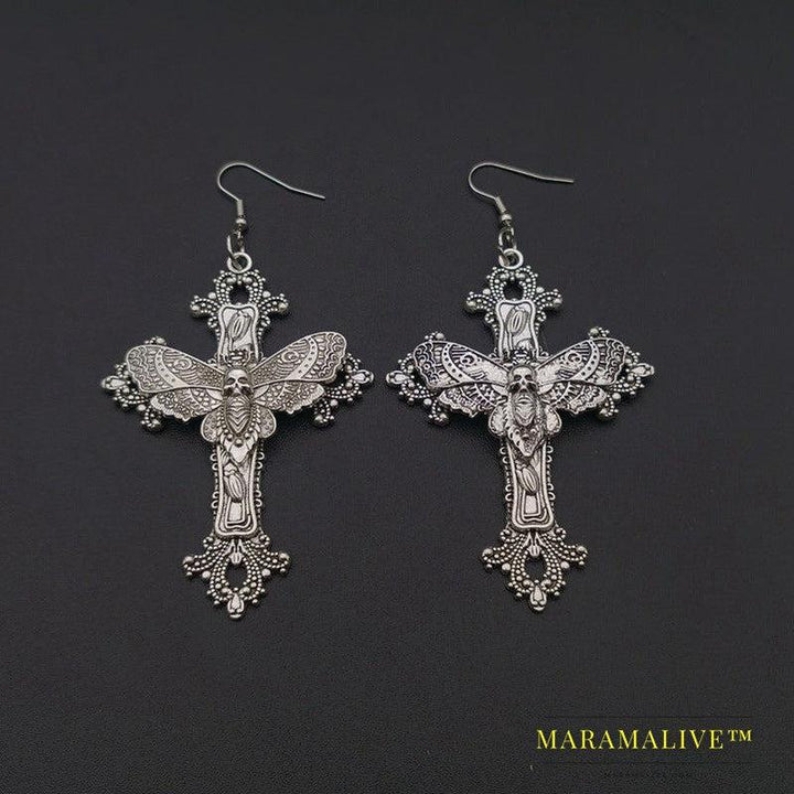 Cross Earrings Skull Moth Filigree Victorian Classical Gothic Style