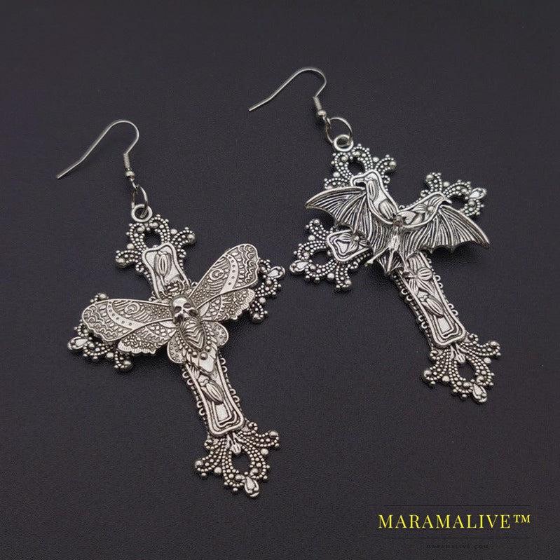 Cross Earrings Skull Moth Filigree Victorian Classical Gothic Style