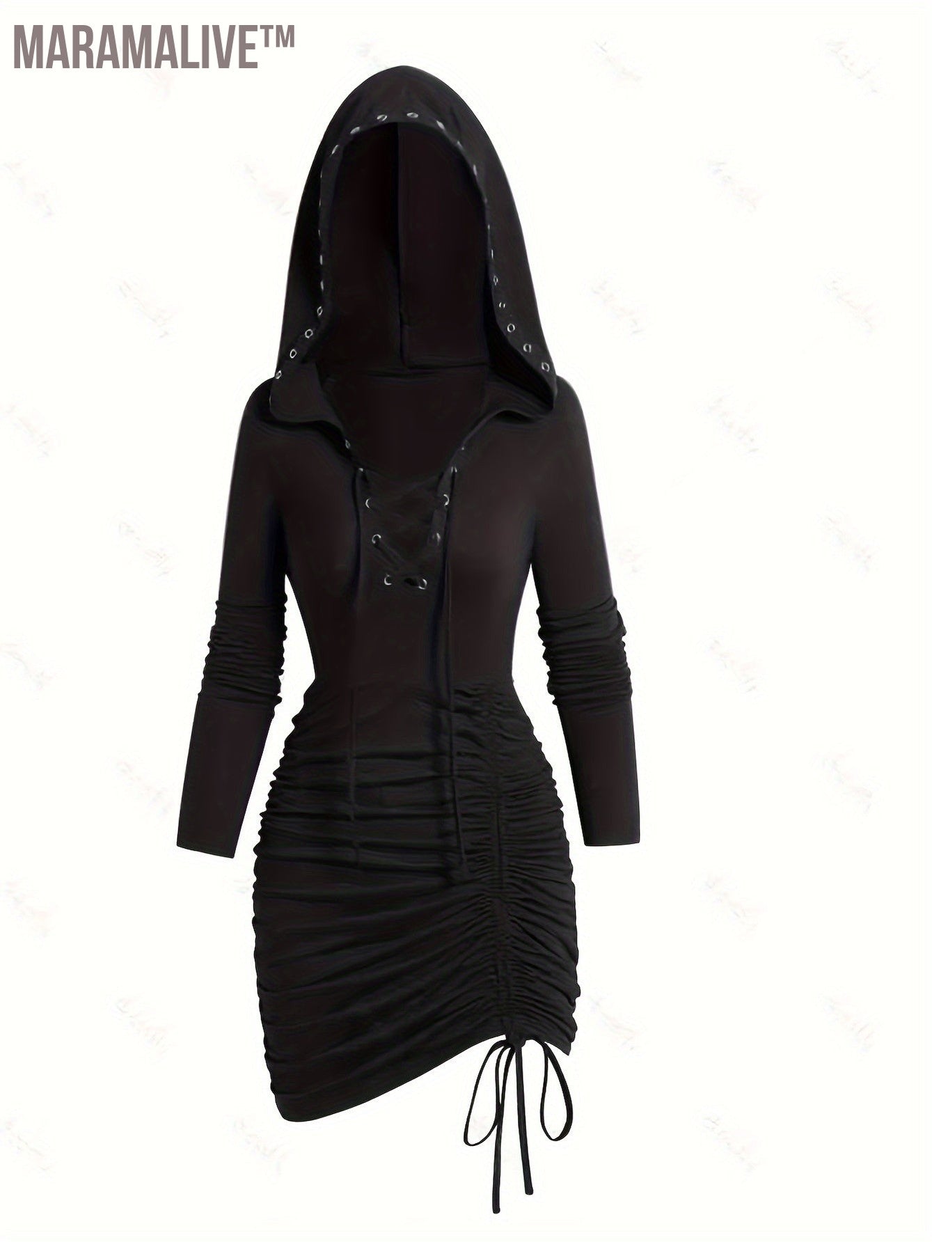 Cross Tie Drawstring Ruched Hooded Tunics, Versatile Long Sleeve Solid Hooded Top, Women's Clothing