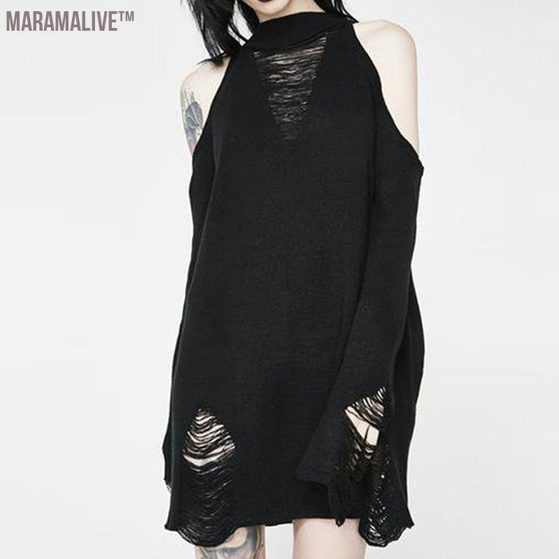 Cross-border European And American Black Ripped Off-the-shoulder Sweater Autumn And Winter Punk