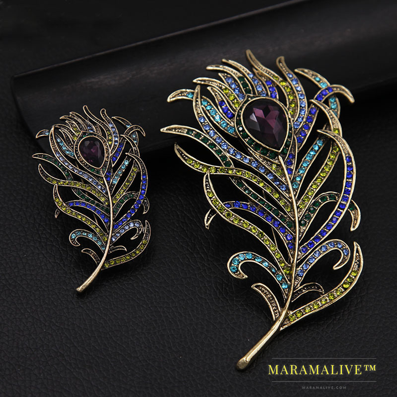 Crystal Peacock Feathers Brooch Boho Enamel Pins Deep Blue Brooches Wedding Accessories New Arrival