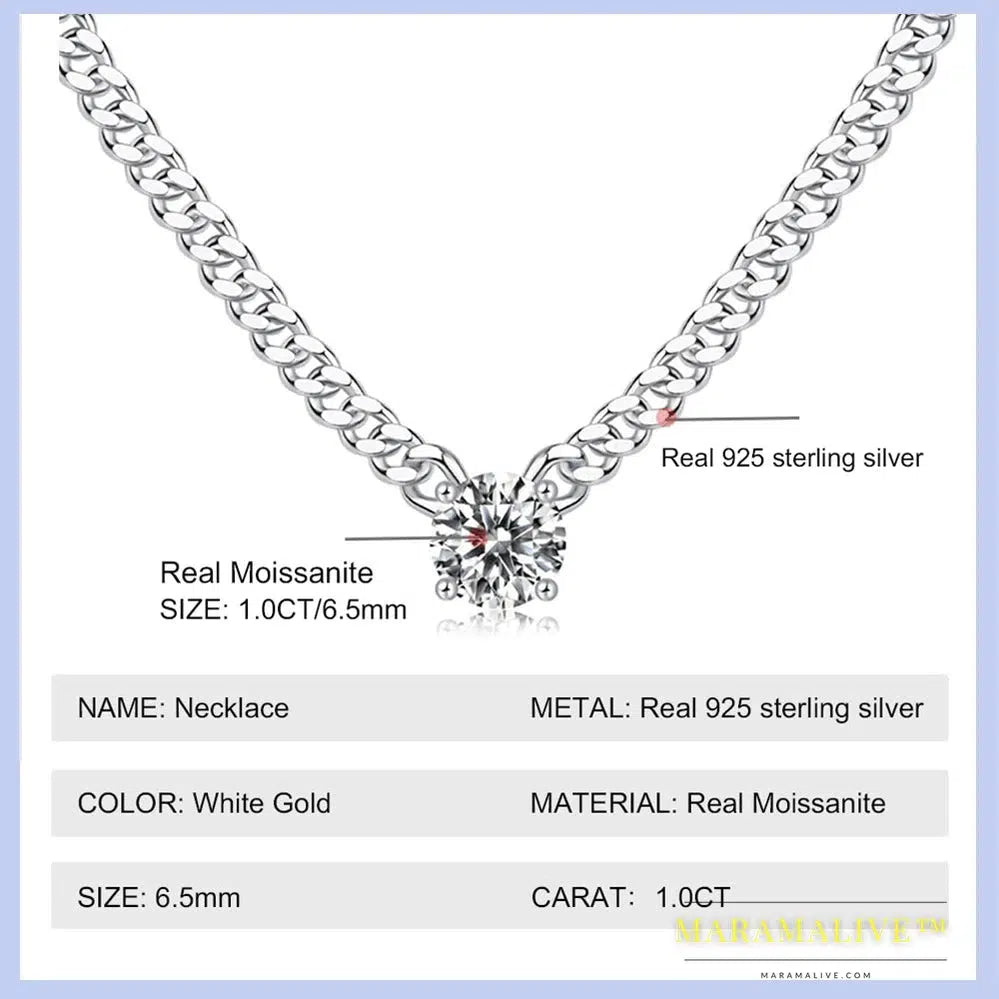 Cuban Chain 1 Carat Moissanite Pendant Necklace White Gold Plate 925 Sterling Silver Unisex Jewelry Hip Hop Style Gift