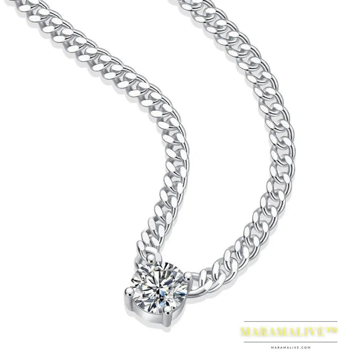 Cuban Chain 1 Carat Moissanite Pendant Necklace White Gold Plate 925 Sterling Silver Unisex Jewelry Hip Hop Style Gift