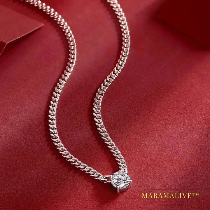 Cuban Chain 1 Carat Moissanite Pendant Necklace White Gold Plate 925 Sterling Silver Unisex Jewelry Hip Hop Style Gift