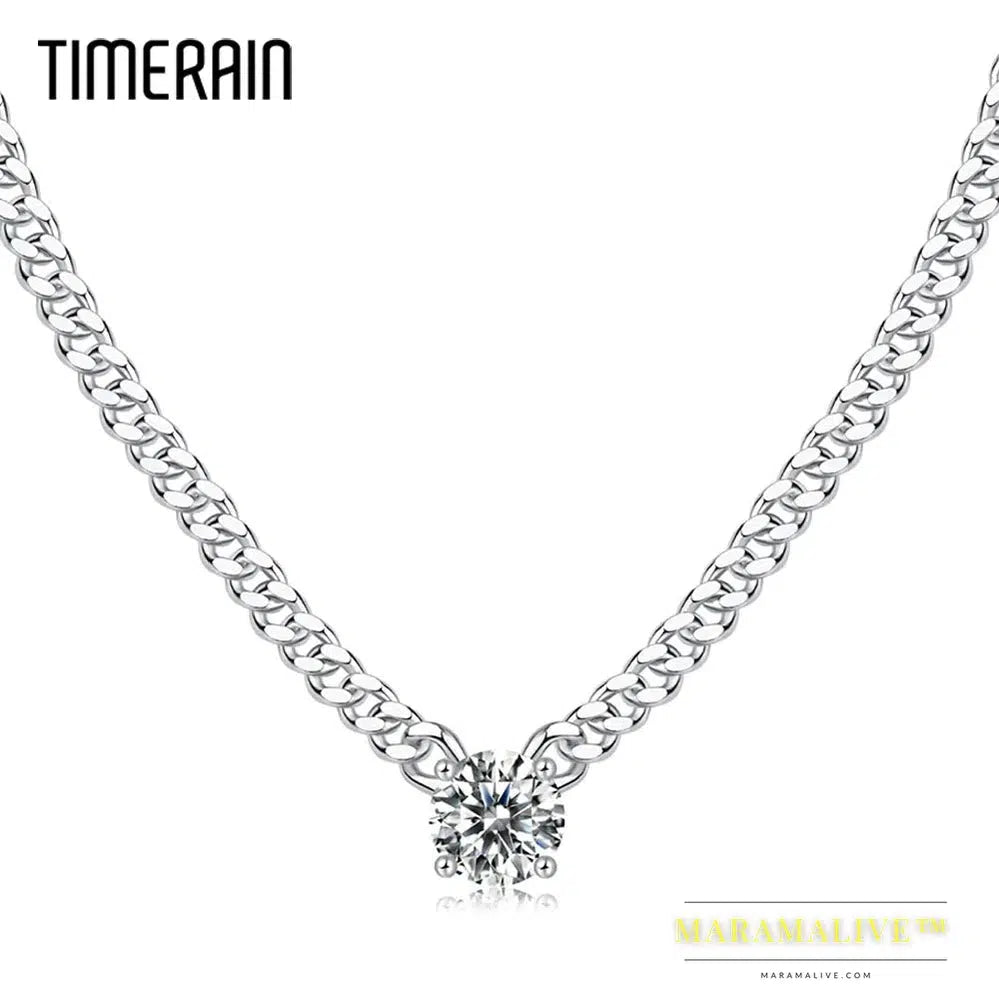 Cuban Chain 1 Carat Moissanite Pendant Necklace White Gold Plate 925 Sterling Silver Unisex Jewelry Hip Hop Style Gift