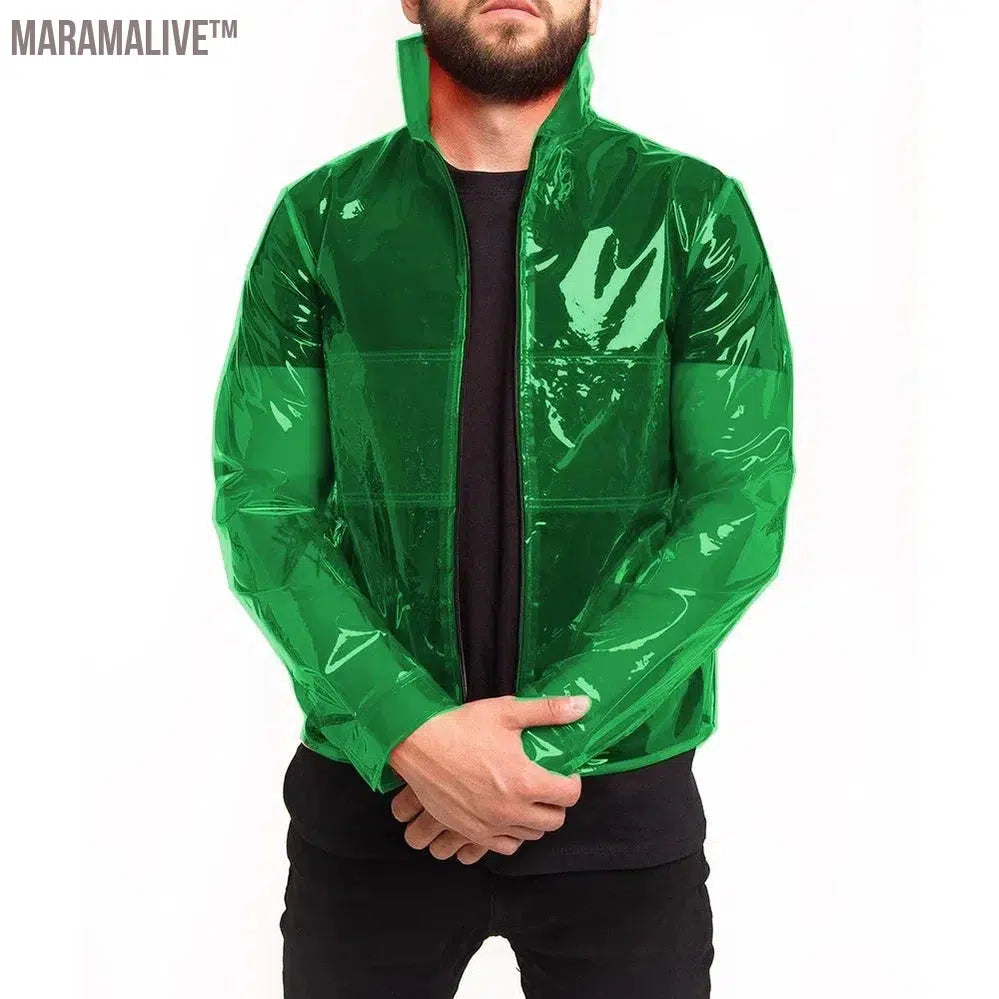 Custom Men's TPU Jacket Shiny Transparency PVC Lapel Suit Top Coat Stand Collar See-through Blouses for Clubwear