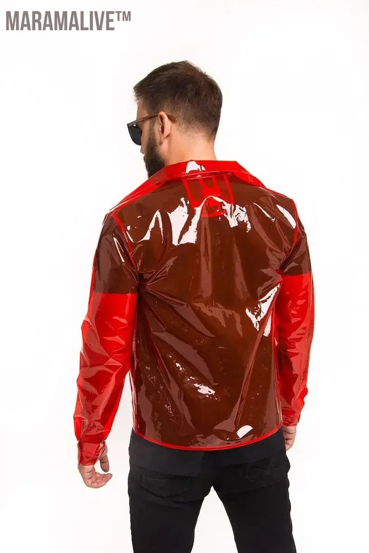 Custom Men's TPU Jacket Shiny Transparency PVC Lapel Suit Top Coat Stand Collar See-through Blouses for Clubwear