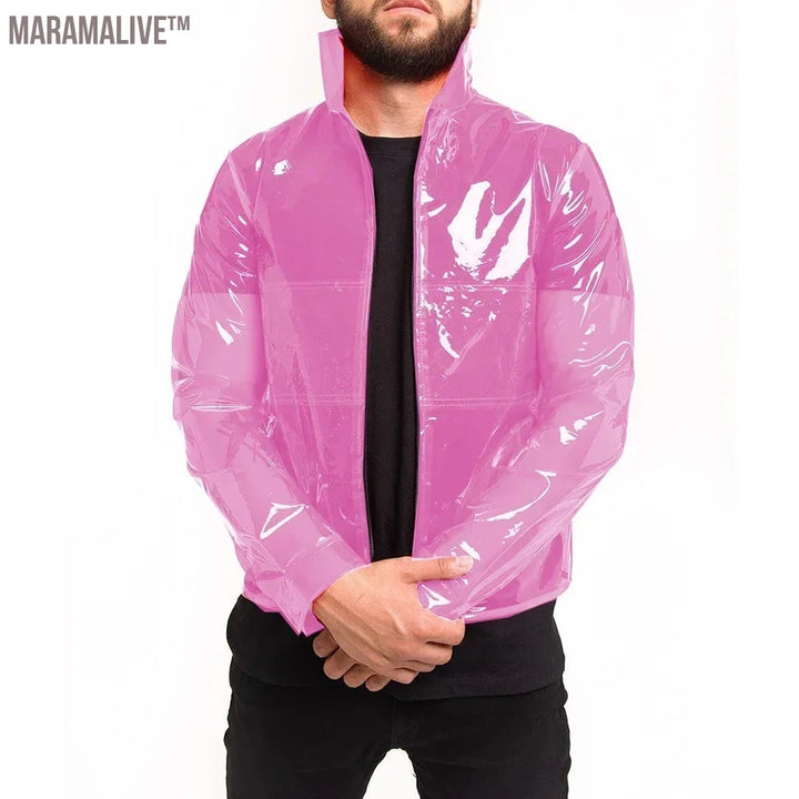 Custom Men's TPU Jacket Shiny Transparency PVC Lapel Suit Top Coat Stand Collar See-through Blouses for Clubwear