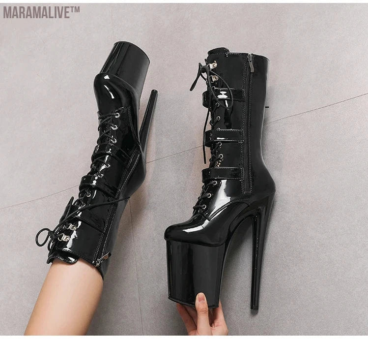 Customized Fashionable Women's Ankle Boots with Round Toe Side Zip Short Boots for Pole Dance Platform Heels Three Belt Buckle