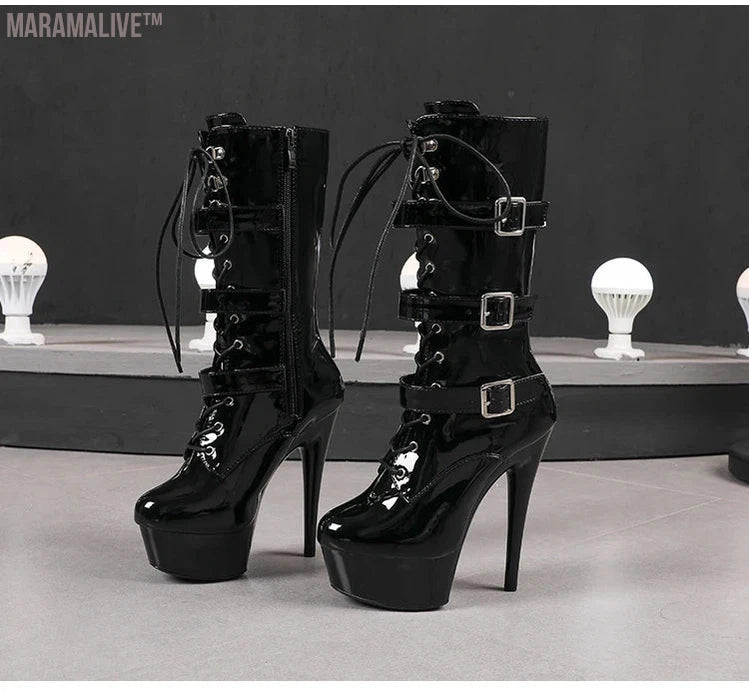 Customized Fashionable Women's Ankle Boots with Round Toe Side Zip Short Boots for Pole Dance Platform Heels Three Belt Buckle