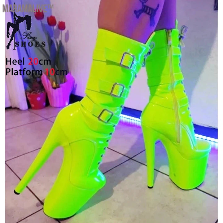 Customized Fashionable Women's Ankle Boots with Round Toe Side Zip Short Boots for Pole Dance Platform Heels Three Belt Buckle