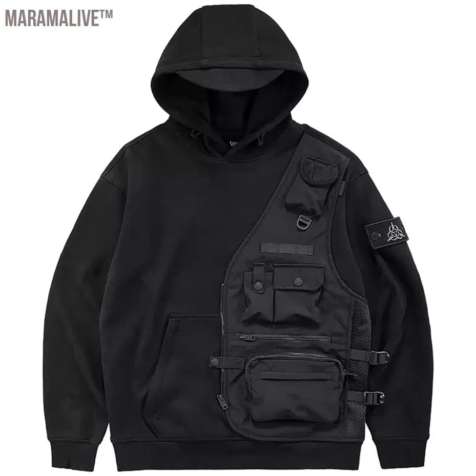 Cyber Techwear Function Hoodie Men Fake Two Piece Tactical Cargo Hoodies Harajuku Oversized Hip Hop Black Sweatshirt Pullover