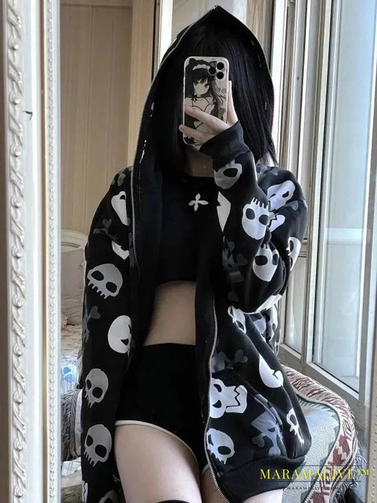 Cyberpunk Y2k Sweatshirt Women Mall Goth Harajuku Skull Printed Long Sleeve Zipper Cardigan Hoodie Emo Alt Indie Clothes