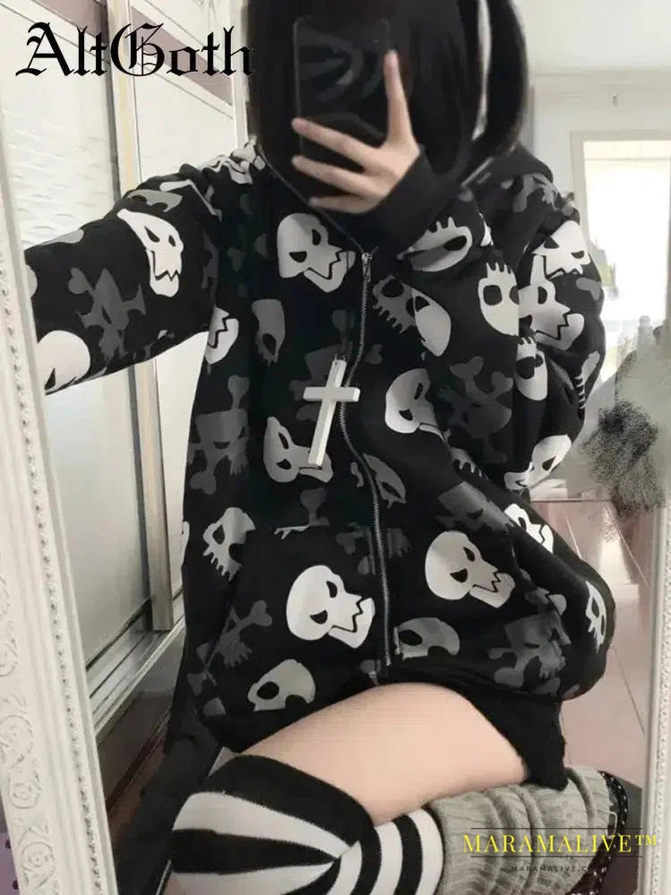 Cyberpunk Y2k Sweatshirt Women Mall Goth Harajuku Skull Printed Long Sleeve Zipper Cardigan Hoodie Emo Alt Indie Clothes